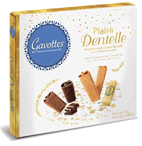 Assortment Box of Dentelles Filled with Plain, Milk and Dark Chocolate Gavottes Crispy Lace Crepes Dentelle From France - 240 grams (8.47 oz)
