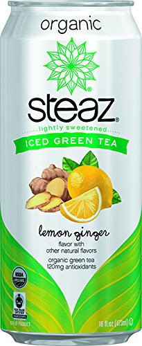 Steaz Organic Lightly Sweetened Iced Green Tea, Lemon Ginger, 16 FL OZ (Pack of 12)