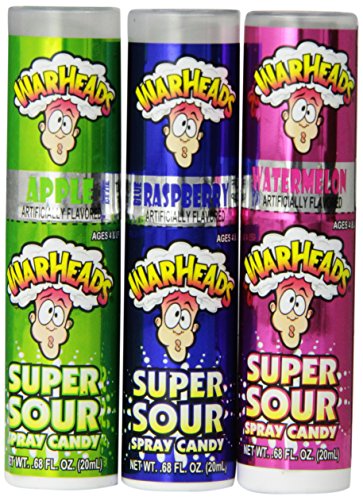Warheads Super Sour Spray Candy Watermelon Cherry Green Apple Blue Raspberry Variety Pack 0.68 Ounce Bottles (Pack of 12) by Impact Confections