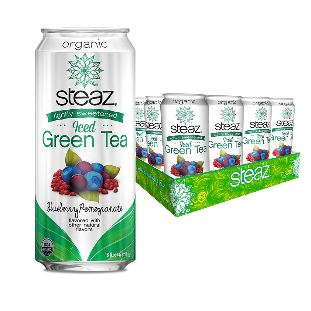 Steaz Organic Lightly Sweetened Iced Green Tea, Blueberry Pomegranate, 16 OZ (Pack of 12)