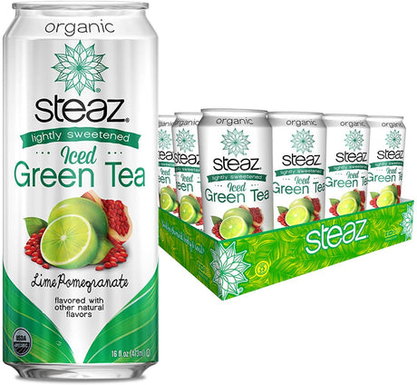 Steaz Organic Lightly Sweetened Iced Green Tea, Lime Pomegranate, 16 FL OZ (Pack of 12)