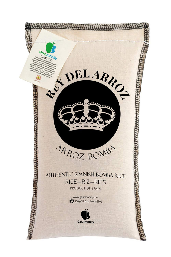 Gourmanity Rey del Arroz Bomba Rice| Bulk Delicious Spanish Rice/Pilaf for Paella, Arroz A banda, Arroz Negre, Saffron Rice & More|Gluten-Soy-Dairy-Free| 500 gram Burlap Sack