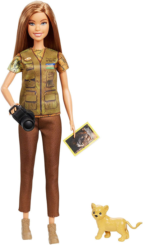 â€‹Barbie Photojournalist Doll, Brunette with Lion Cub, Camera and Magazine Cover, Inspired by National Geographic