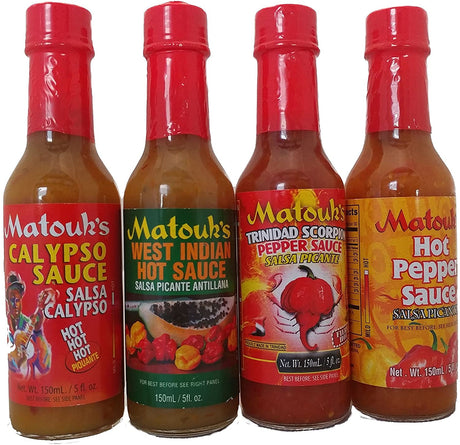 MATOUKS HOT SAUCE 5 OZ VARIETY 4PK (WEST INDIA HOT SAUCE 5 OZ CALYPSO HOT SAUCE 5 OZ SCORPION HOT SAUCE 5 OZ HOT PEPPER SAUCE 5 OZ)