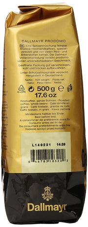 Dallmayr Gourmet Coffee, Prodomo (Whole Bean), 500g Vacuum Packs (Pack of 2)
