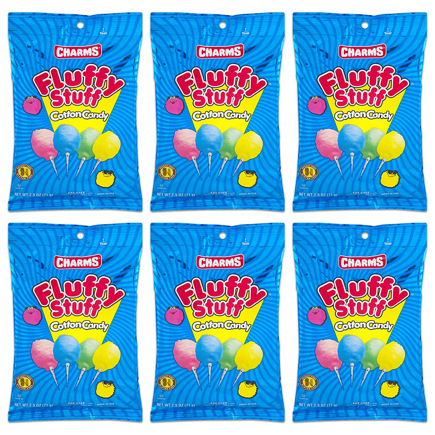 Charms Fluffy Stuff Cotton Candy, 2.5-Ounce Bags, Pack of 6 (Total