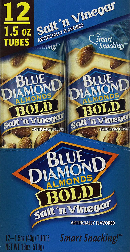 Blue Diamond Bold Almonds, 1.5 oz tubes, Salt 'n Vinegar, 12 tubes