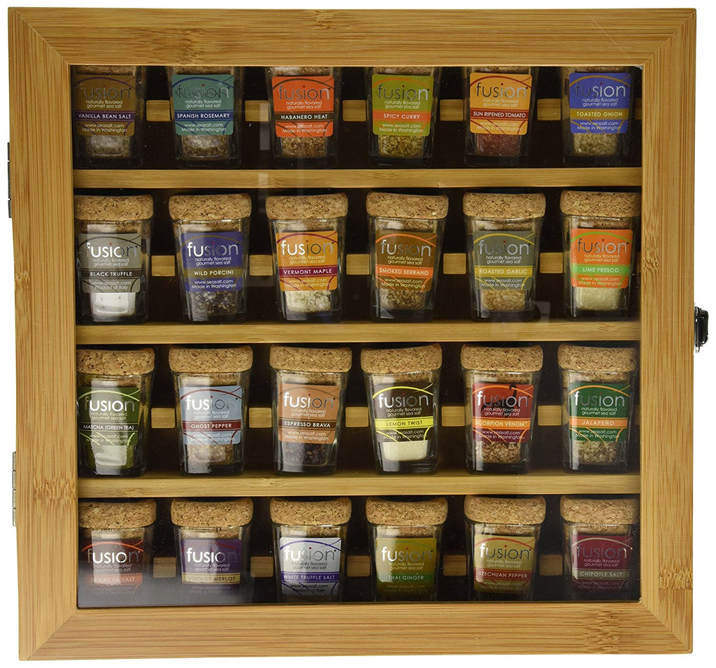 Artisan Salt Sampler FUSION - Collection of Gourmet Sea Salts 24 Mini-Jars Cork Tops in Bamboo Box
